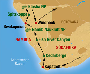 Reisekarte für unsere Namibia Rundreise