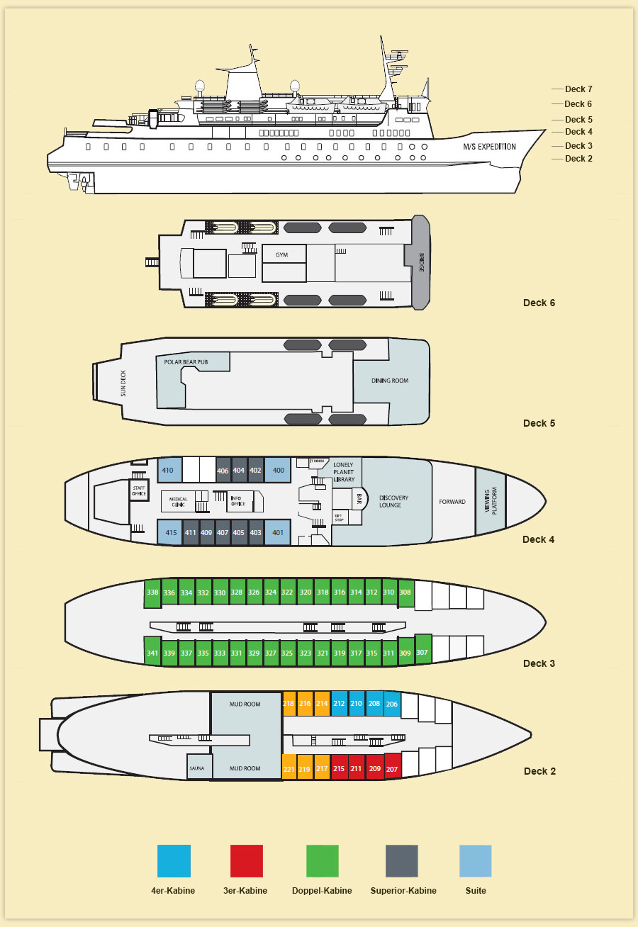 Plan aller Schiffskabinen auf dem Schiff MS Expedition